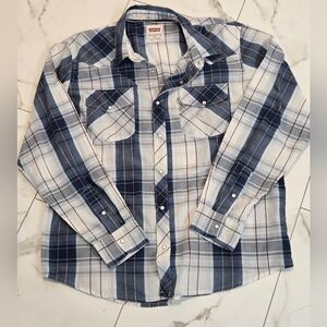 Levi’s Blue Plaid Shirt with Red Accent Stripe Pearl Snap Button Up Size L